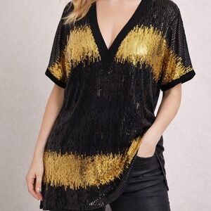 INC International Concepts Black & Gold Sequin Sheer Top – Size L/XL Glam Statem